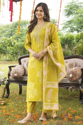 Women yellow poly chanderi floral embroidered straight kurta trousers with dupatta