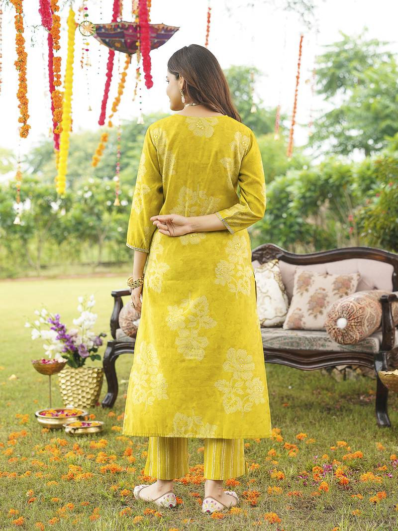 Women yellow poly chanderi floral embroidered straight kurta trousers with dupatta