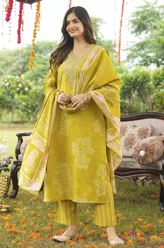 Women yellow poly chanderi floral embroidered straight kurta trousers with dupatta