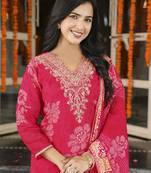 Women red poly chanderi floral embroidered straight kurta trousers with dupatta