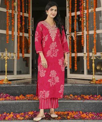 Women red poly chanderi floral embroidered straight kurta trousers with dupatta 3