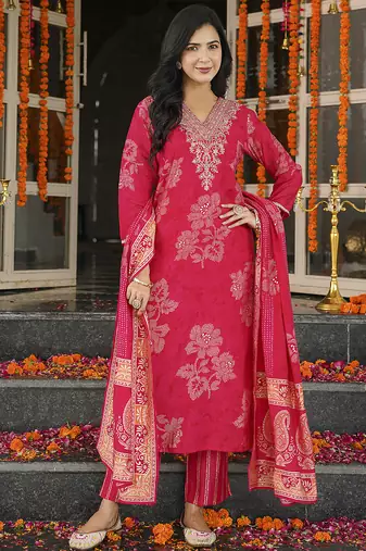 Women red poly chanderi floral embroidered straight kurta trousers with dupatta
