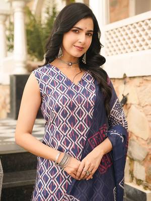 Women blue rayon geometric printed straight kurta trousers with dupatta 2