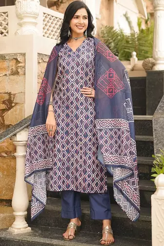 Women blue rayon geometric printed straight kurta trousers with dupatta