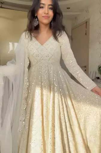 Faux blooming white kali cut suit with sequins thread embroidery, stitched pants & dupatta set