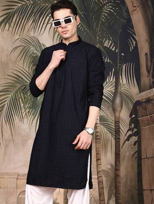 Black cotton embroidered kurta for men 1