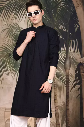 Black cotton embroidered kurta for men