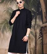Black cotton embroidered kurta for men