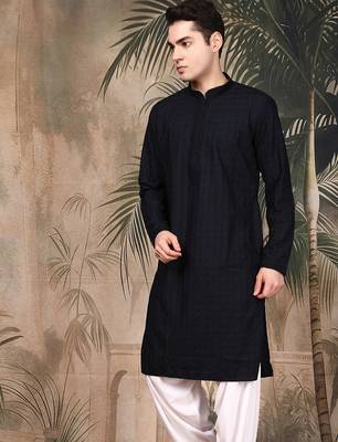 Black cotton embroidered kurta for men 2