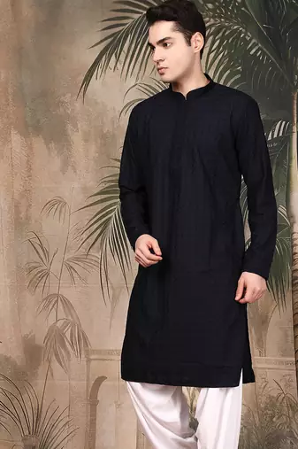 Black cotton embroidered kurta for men