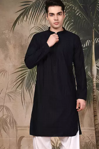Black cotton embroidered kurta for men