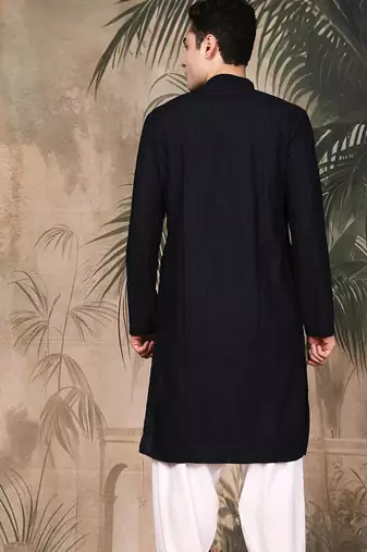 Black cotton embroidered kurta for men