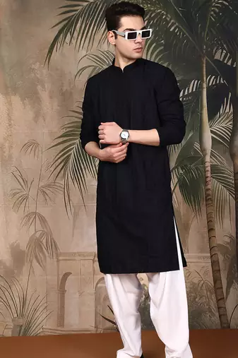 Black cotton embroidered kurta for men