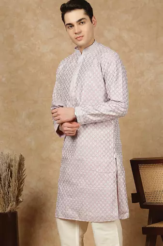 Red cotton embroidered kurta for men