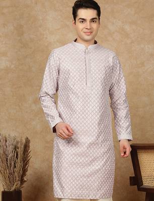 Red cotton embroidered kurta for men 3