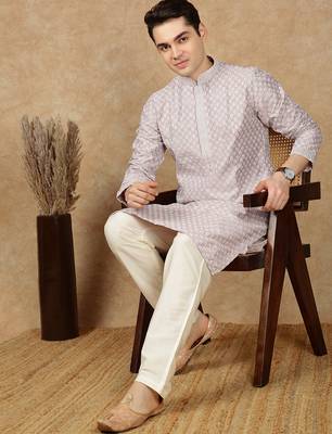 Red cotton embroidered kurta for men 5