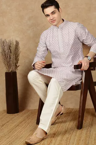 Red cotton embroidered kurta for men