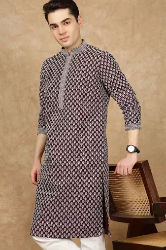 Purple cotton embroidered kurta for men