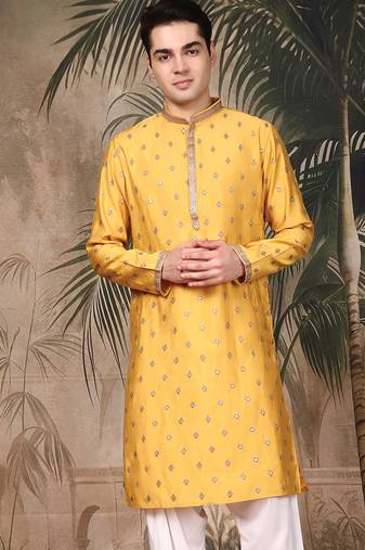Mustard silk blend embroidered kurta for men