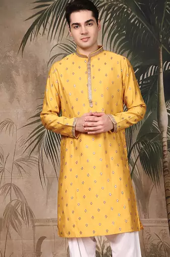Mustard silk blend embroidered kurta for men