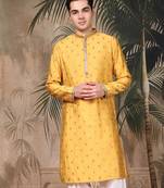 Mustard silk blend embroidered kurta for men