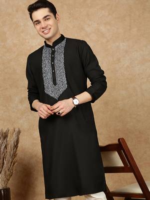 Black cotton embroidered kurta for men 1