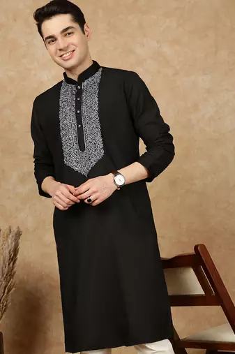 Black cotton embroidered kurta for men