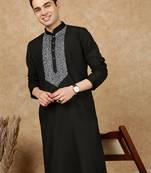 Black cotton embroidered kurta for men