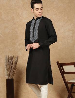 Black cotton embroidered kurta for men 2