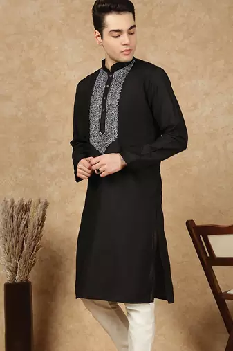 Black cotton embroidered kurta for men