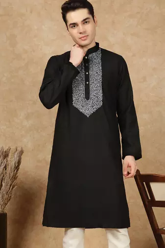 Black cotton embroidered kurta for men