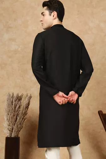 Black cotton embroidered kurta for men