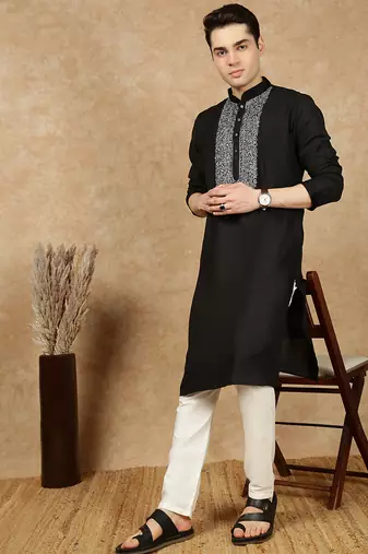 Black cotton embroidered kurta for men