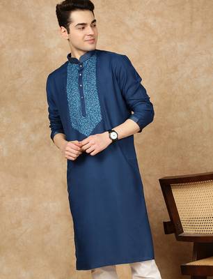 Blue cotton embroidered kurta for men 1