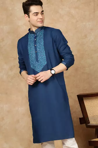 Blue cotton embroidered kurta for men