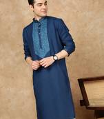 Blue cotton embroidered kurta for men