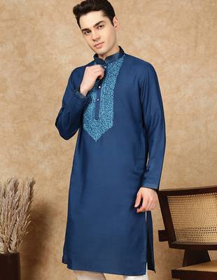 Blue cotton embroidered kurta for men 2