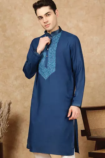 Blue cotton embroidered kurta for men