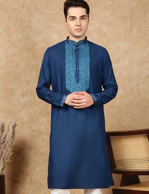 Blue cotton embroidered kurta for men 3