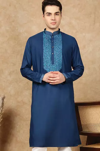 Blue cotton embroidered kurta for men