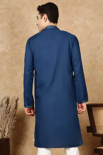 Blue cotton embroidered kurta for men