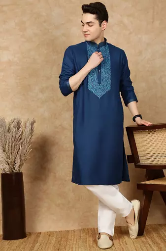 Blue cotton embroidered kurta for men