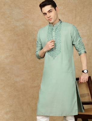 Green cotton embroidered kurta for men 1
