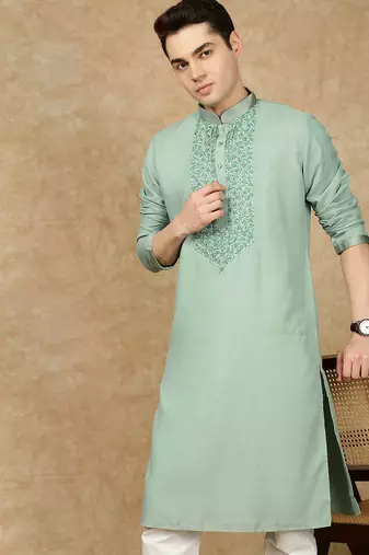 Green cotton embroidered kurta for men