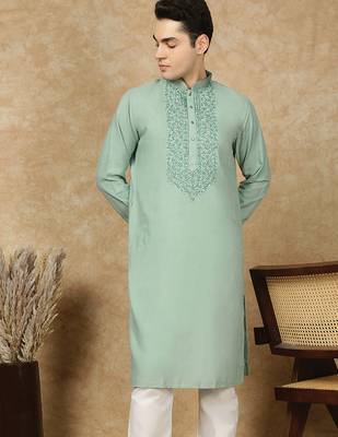 Green cotton embroidered kurta for men 2