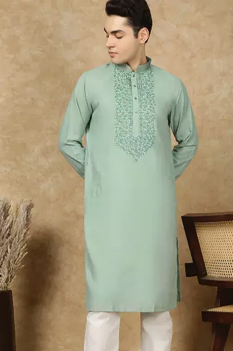 Green cotton embroidered kurta for men