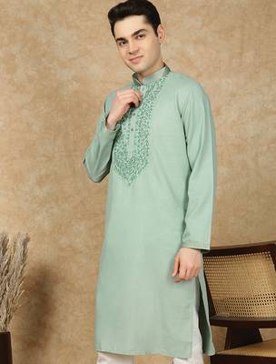 Green cotton embroidered kurta for men 3