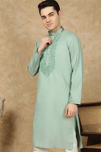 Green cotton embroidered kurta for men