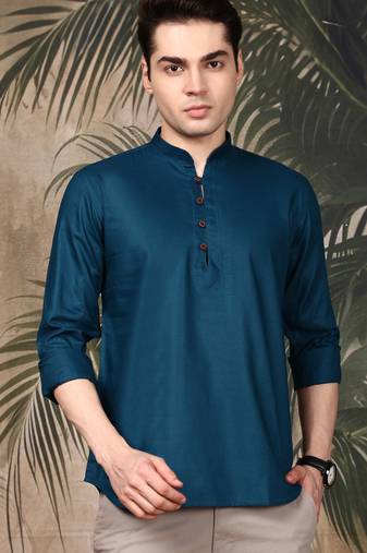 Firozi silk blend embroidered short kurta for men