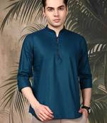 Firozi silk blend embroidered short kurta for men